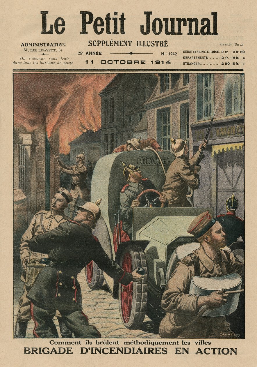 Brigade van brandstichters aan het werk, hoe ze methodisch steden in brand steken, voorpagina illustratie uit 