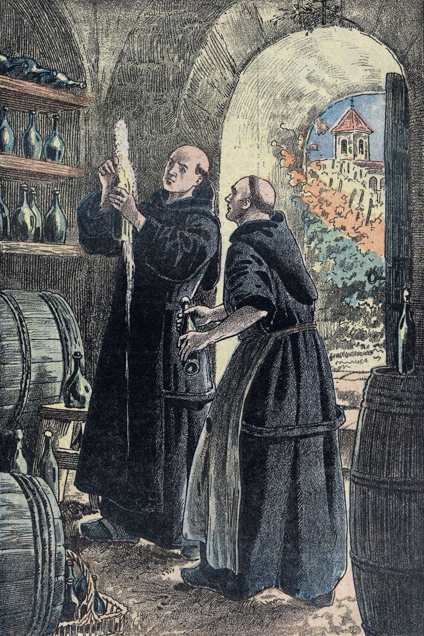 Dom Pierre Perignon (1639-1715), Benedictijner monnik, uitvinder van het proces van het maken van champagne. Illustratie van Damblans door Eugene Damblans
