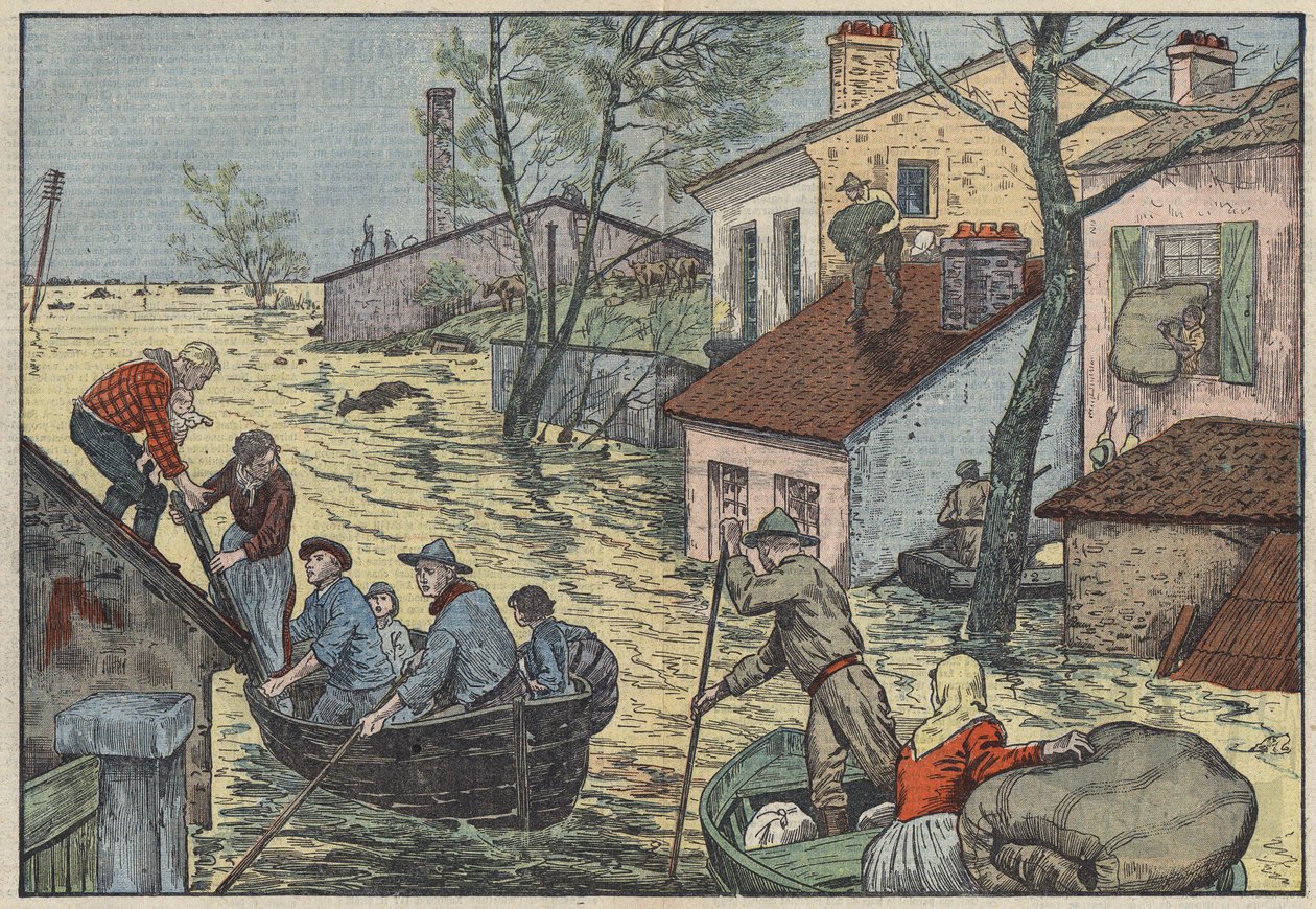 Overstromingen in Louisiana (VS): Voor de dreigende golven van de Mississippi worden boeren en trappers gedwongen hun huizen en velden te verlaten. Illustratie van Damblans. In "Le Pèlerin" van 15 mei door Eugene Damblans