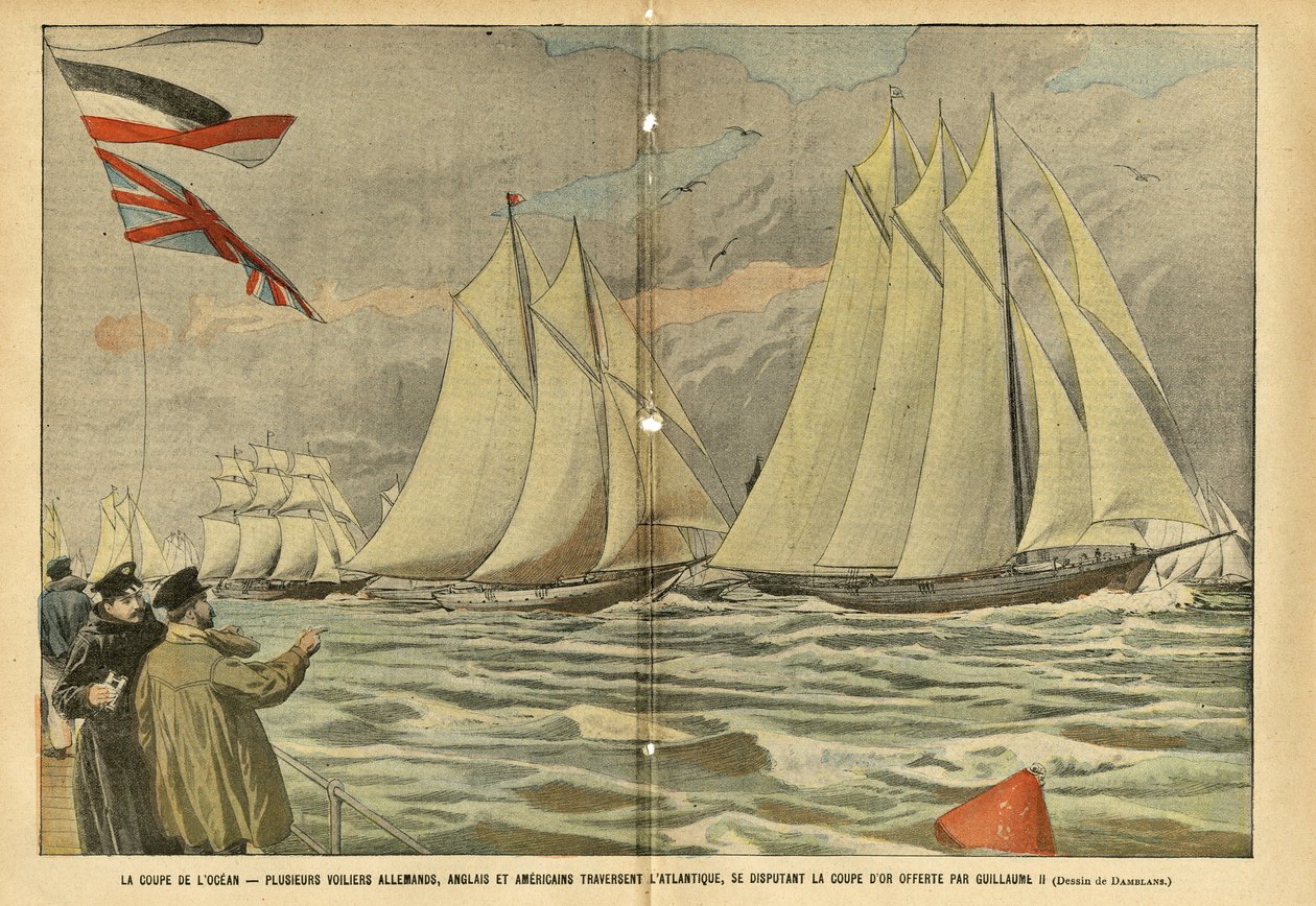 Illustratie door Eugene Damblans (1865-1945) in Le Pelerin, 04/06/05 - De oceaanbeker. Verschillende Duitse, Engelse en Amerikaanse zeilboten steken de Atlantische Oceaan over, concurrerend voor de gouden beker aangeboden door Wilhelm II - Duitsland, Sport door Eugene Damblans