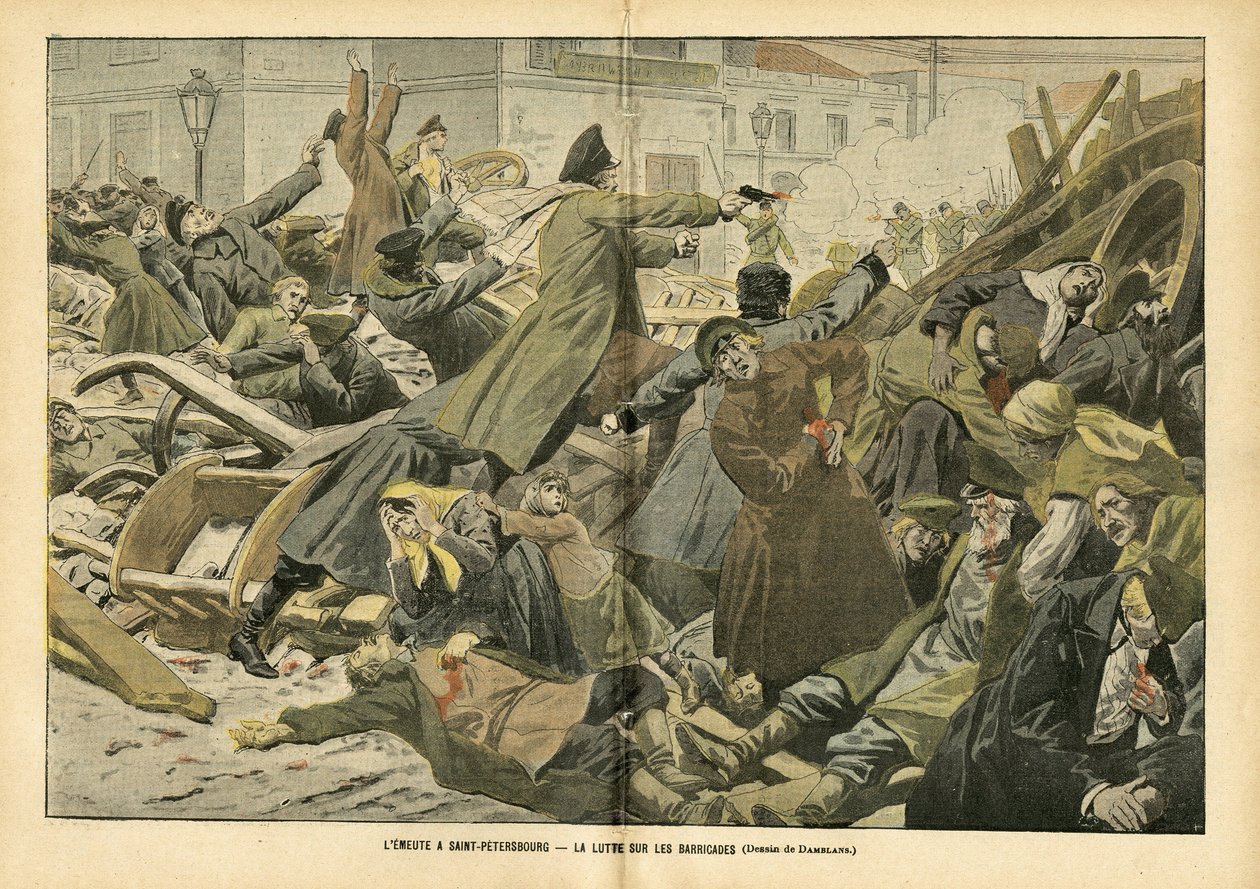 Illustratie door Eugene Damblans (1865-1945) in Le Pelerin, 05/02/05 - De opstand in Sint-Petersburg. De strijd op de barricades door Eugene Damblans