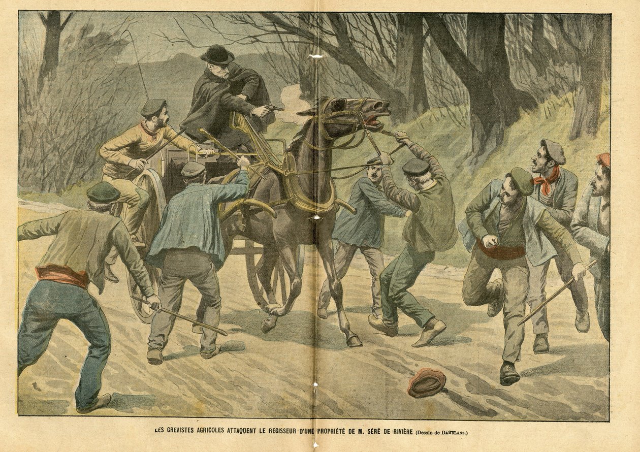 Illustratie door Eugene Damblans (1865-1945) in Le Pelerin, 31/01/04 - Landbouwstakers vallen de beheerder van een eigendom van M. Sere de Riviere aan - Sociaal, Diverse feiten, Staking, Transport, Landbouw, Bos, Koets - Arbeider, Paard door Eugene Damblans