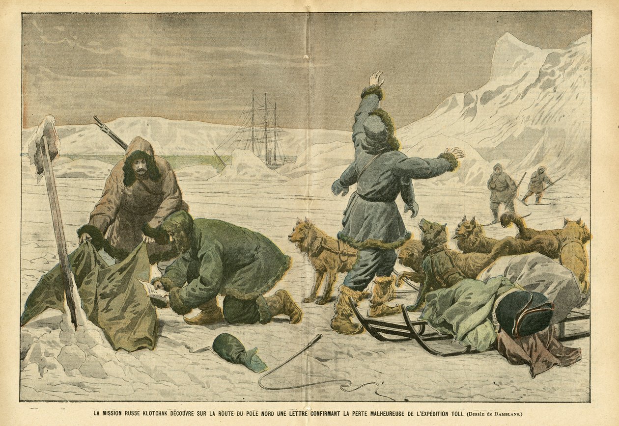 Illustratie van Eugene Damblans (1865-1945) in Le Pelerin, 02/04/05 - De Russische missie Klotchak ontdekt op de noordpoolweg een brief die het ongelukkige verlies van de Toll-expeditie bevestigt - Noord- en Zuidpool, Poolreizen, IJs, Slee door Eugene Damblans