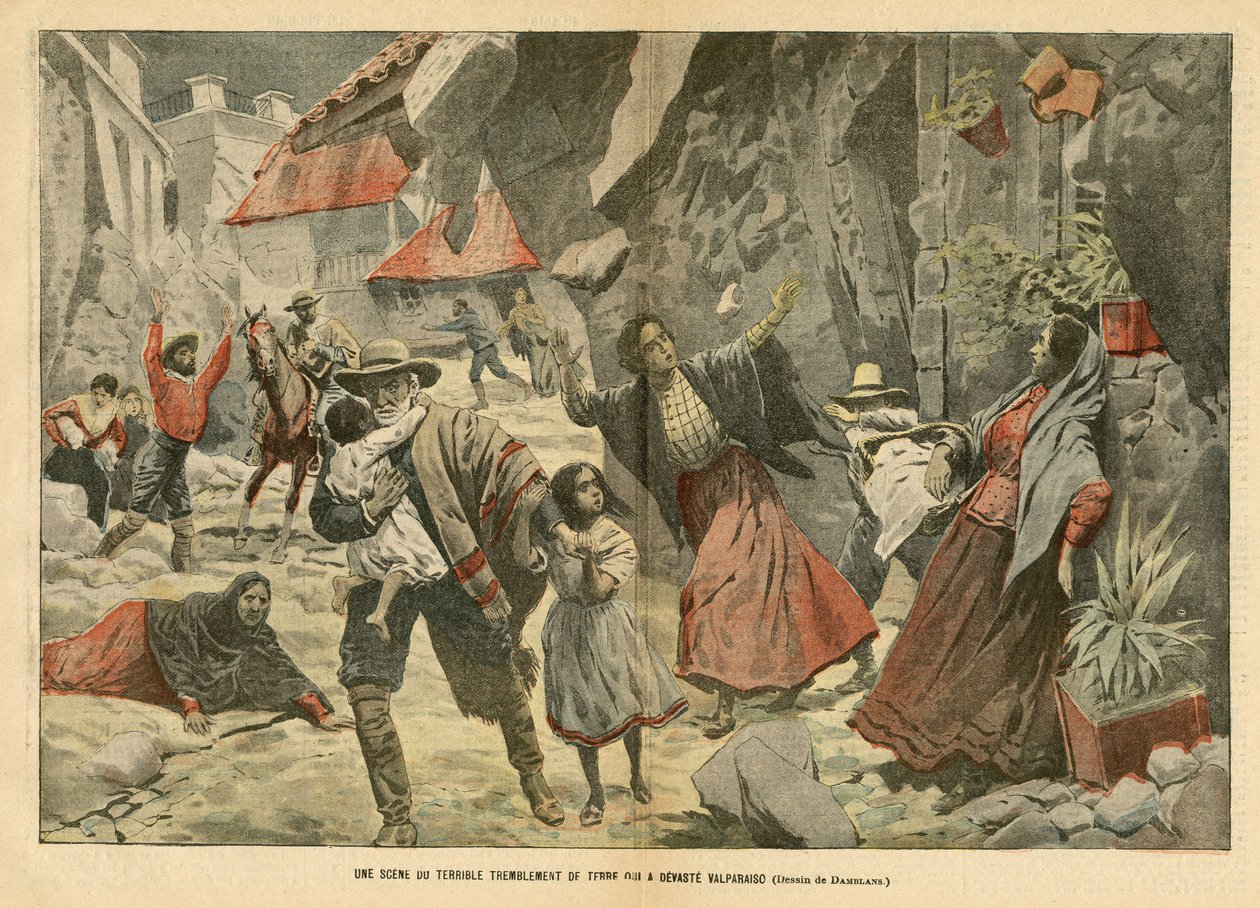 Illustratie van Eugene Damblans (1865-1945) in Le Pelerin, 02/09/06 - Een scène van de verschrikkelijke aardbeving - Diverse feiten, Latijns-Amerika, Aardbeving, Chili, Valparaiso door Eugene Damblans