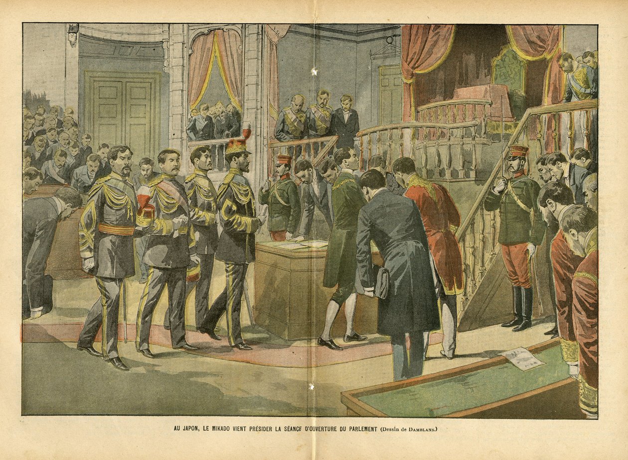 Illustratie van Eugene Damblans (1865-1945) in Le Pelerin, 03/04/04 - In Japan, Mikado die de openingssessie van het parlement voorzit - Japan, Huis van Afgevaardigden, Mikado, Interne Architectuur door Eugene Damblans