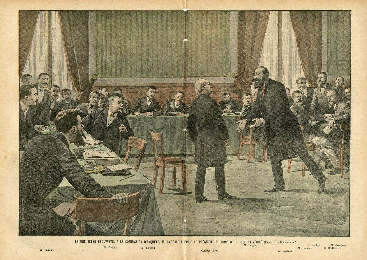 Illustratie van Eugene Damblans (1865-1945) in Le Pelerin, 03/07/04 - In een ontroerende scène, bij de onderzoekscommissie, smeekte M. Lagrave de voorzitter van de raad om de waarheid te vertellen - Religie, Onderzoekscommissie, Katholicisme door Eugene Damblans