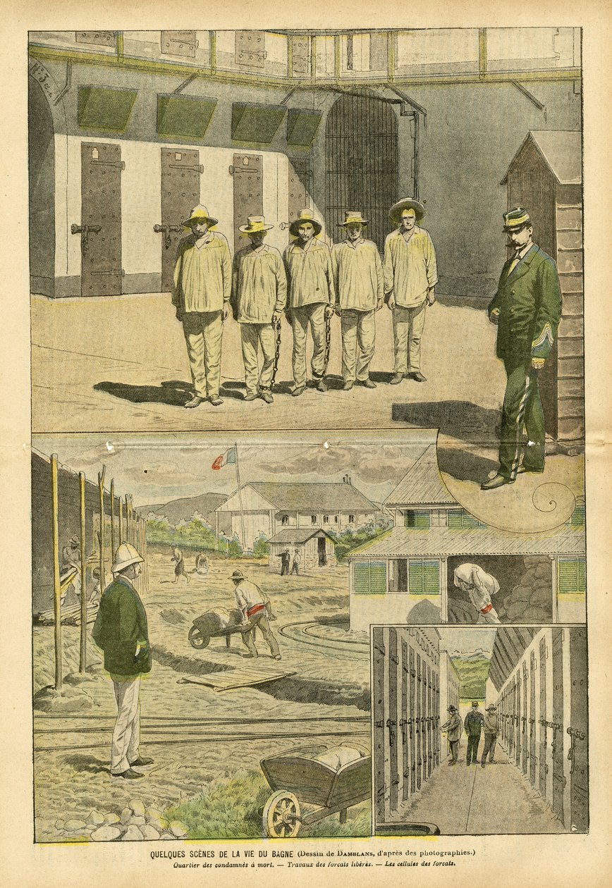 Illustratie van Eugene Damblans (1865-1945) in Le Pelerin, 07/05/05 - Enkele scènes uit het leven van de bagne - Gevangenissen, Bagnes, Werken - Gevangenen, Gevangenisbewakers door Eugene Damblans