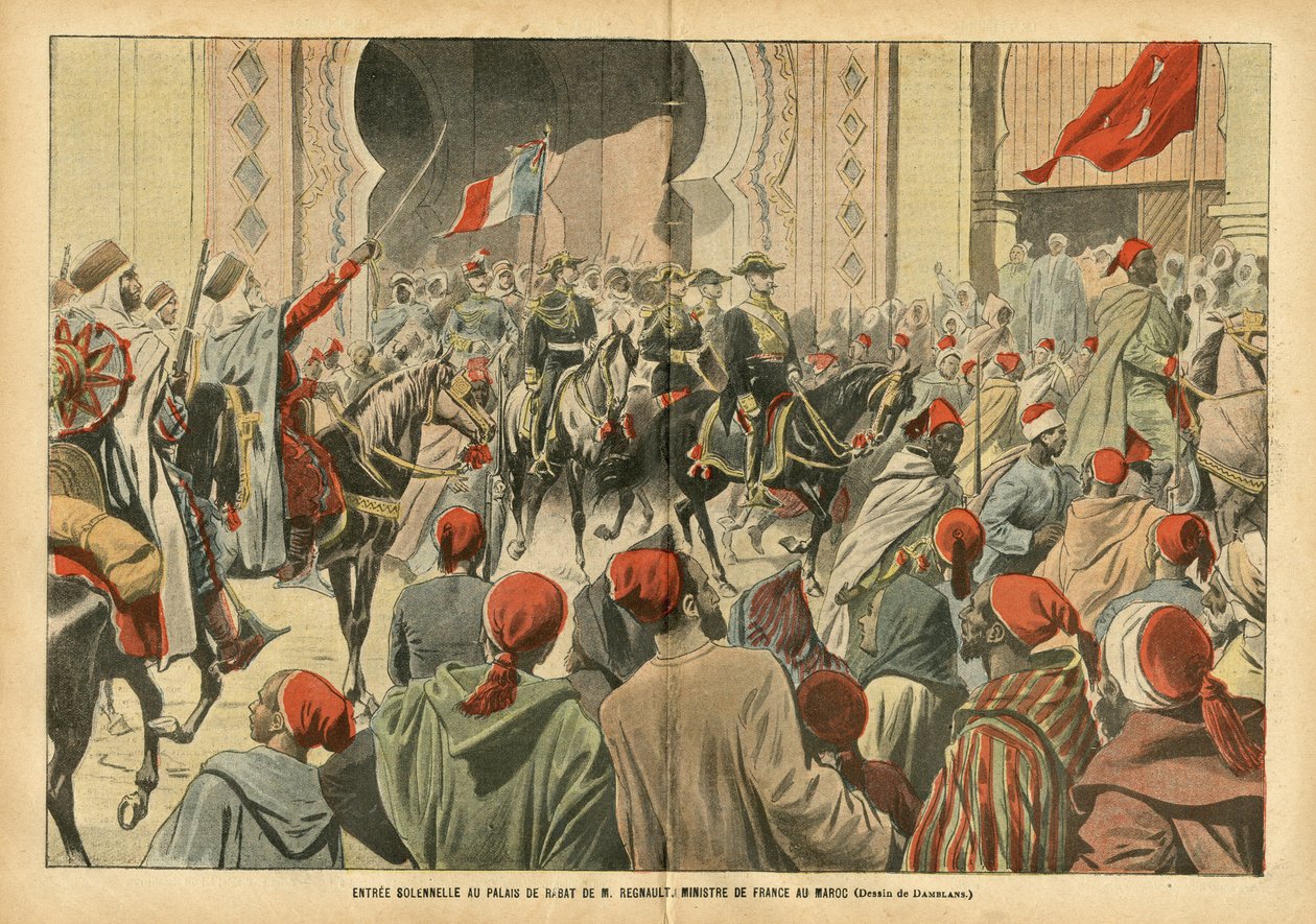 Illustratie van Eugene Damblans (1865-1945) in Le Pelerin, 20/10/07 - Plechtige entree in het Palais de Rabat door Mr. Regnault, Minister van Frankrijk in Marokko - Kolonisatie Kolonialisme Kolonies, Architectuur Stedelijke Planning, Marokko, Officieel Bez door Eugene Damblans