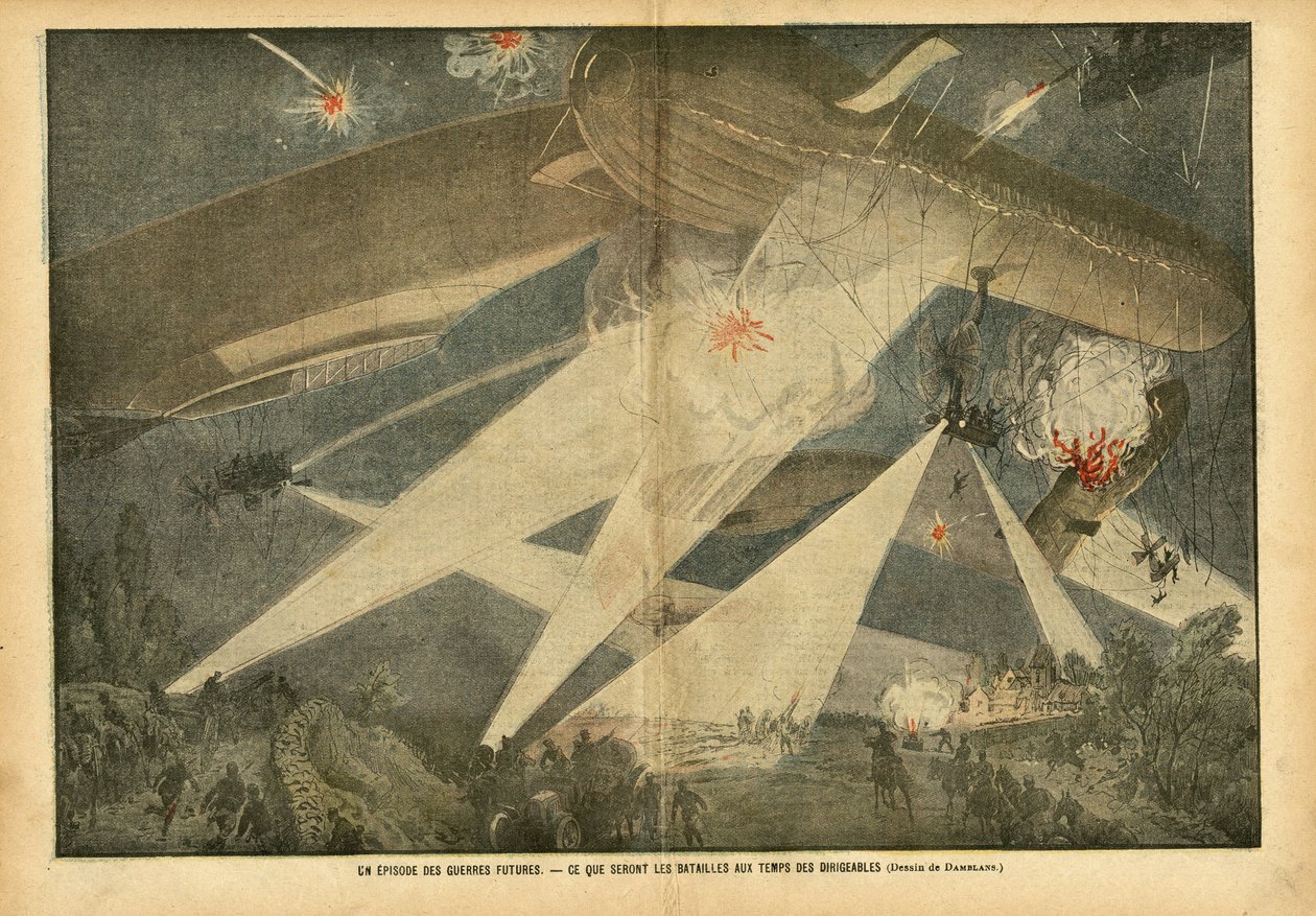 Illustratie van Eugene Damblans (1865-1945) in Le Pelerin, 24/11/07 - Een episode van toekomstige oorlogen - Hoe zullen de gevechten zijn in de tijd van de luchtschepen - Oorlog, Ballonnen luchtschepen zeppelins aerostation, Nachtelijk, Gevechten door Eugene Damblans