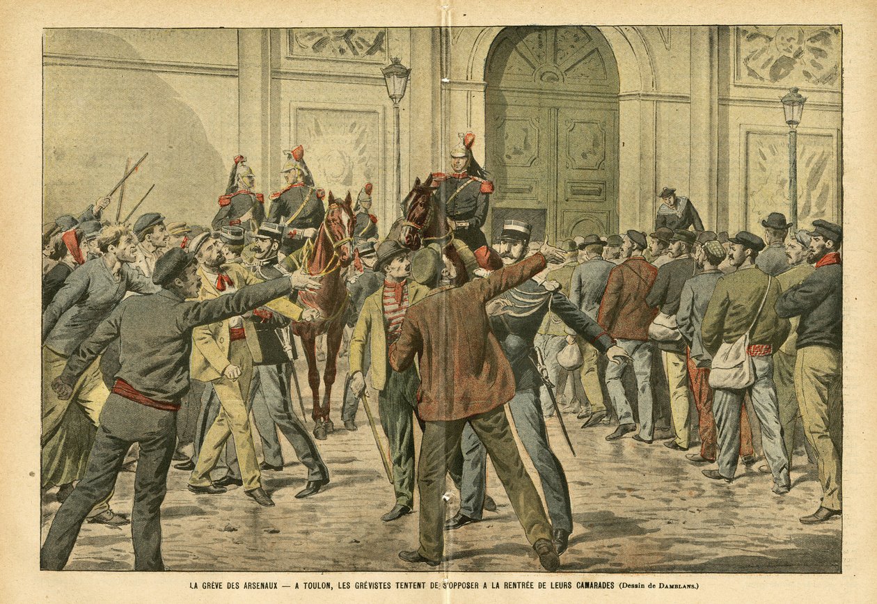 Illustratie van Eugene Damblans (1865-1945) in Le Pelerin, 26/11/05 - De staking van de arsenalen in Toulon, de stakers proberen de huur van hun kameraden tegen te houden - Sociaal, Staking, Architectuur, Maritiem, Toulon, Arsenal door Eugene Damblans