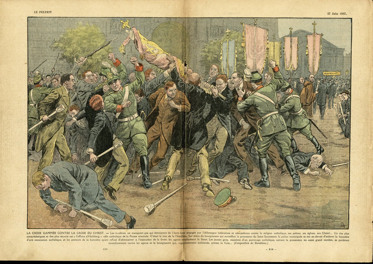 Illustratie van Eugene Damblans (1865-1945) in Le Pelerin, 27/06/37 - Het hakenkruis tegen het kruis van Christus in Hitleriaans Duitsland - Duitsland Pruisen, Religie Geloof, Menigte, Gevecht, Rechts, Hakenkruis, Christelijk Kruis, Katholiek Katholicisme  door Eugene Damblans