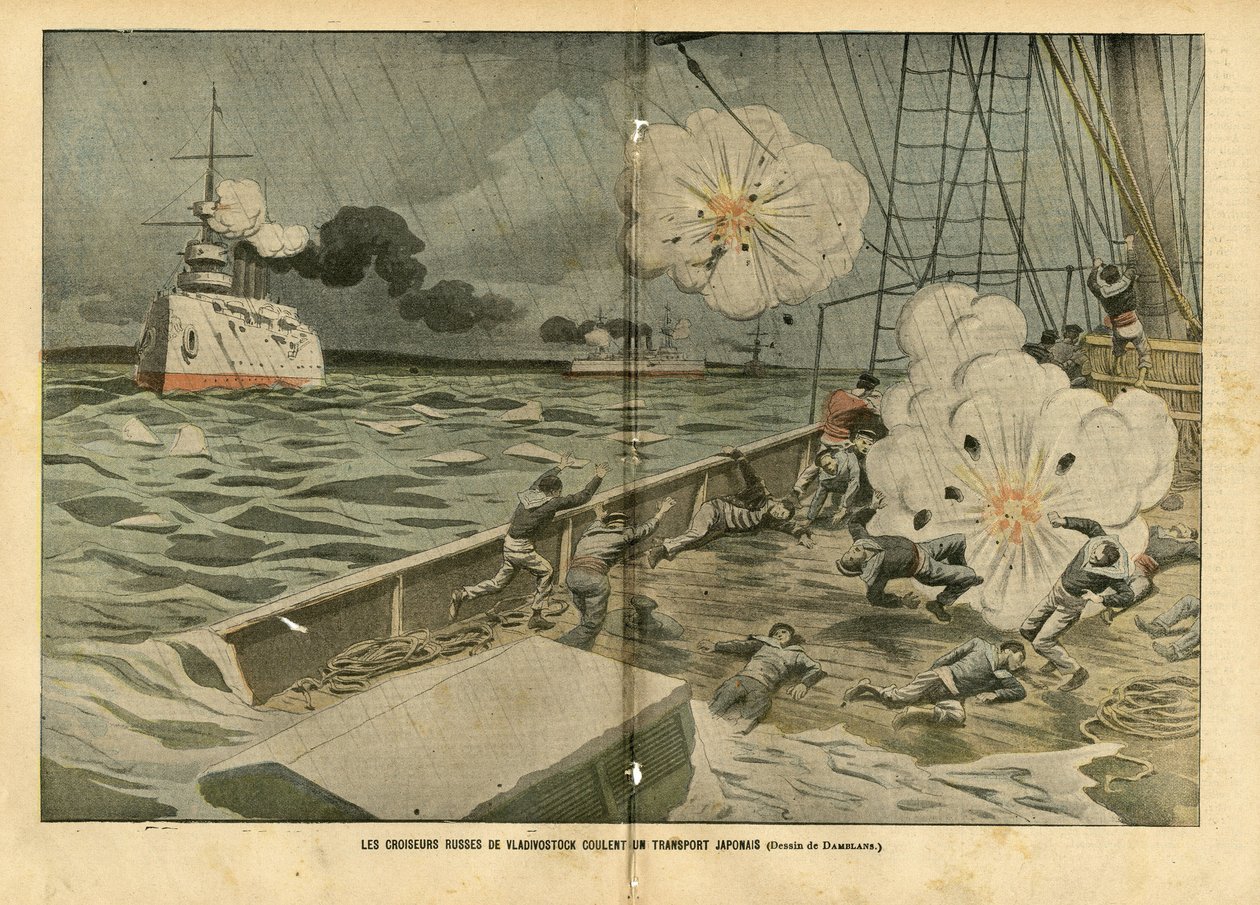 Illustratie van Eugene Damblans (1865-1945) in Le Pelerin, 28/02/04 - De Russische kruisers van Vladivostok zinken een Japans transport - Leger, Maritieme Marine Kust, Russisch-Japanse Oorlog, Oorlogsschepen, Vladivostok - Zeelieden, zeelieden door Eugene Damblans