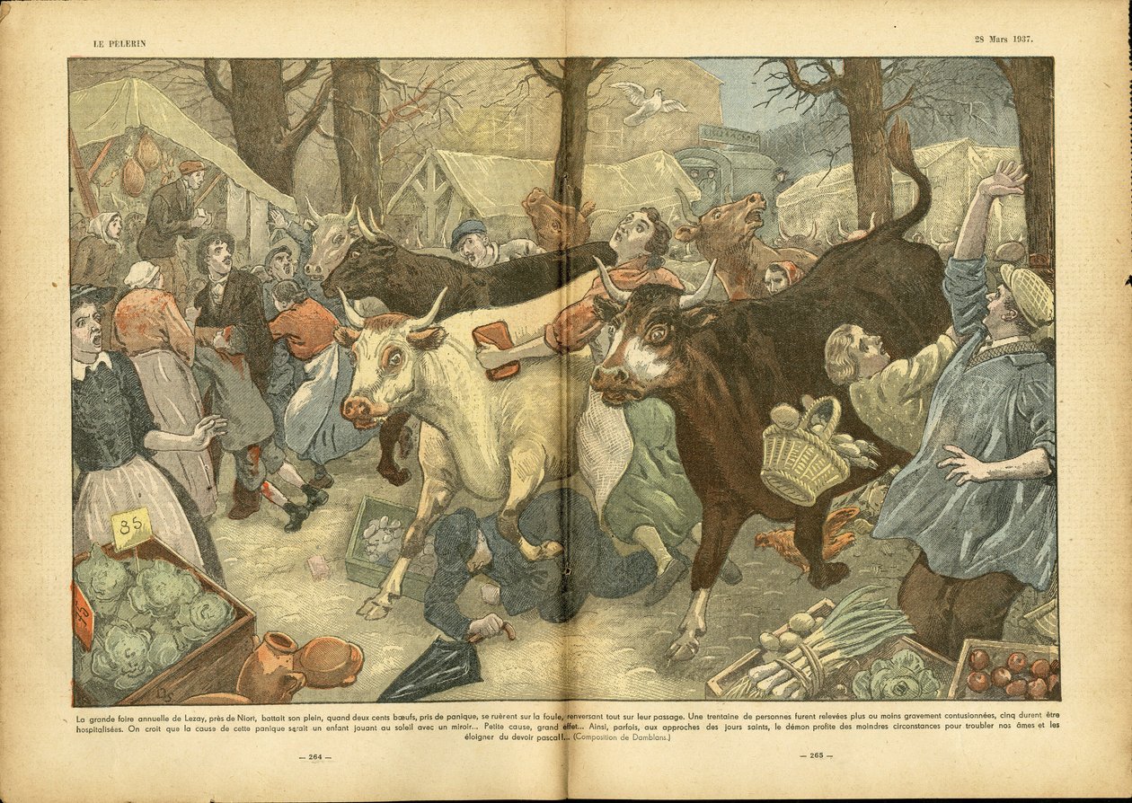 Illustratie van Eugene Damblans (1865-1945) in Le Pelerin, 28/03/37 - De grote jaarlijkse kermis van Lezay nabij Niort - Diverse feiten, Economie, Menigte, Winkels, Landbouw, Groenten - Koe, Rund, Camelot reizende verkoper door Eugene Damblans