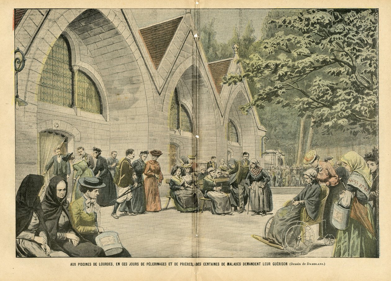 Illustratie van Eugene Damblans (1865-1945) in Le Pelerin, 28/08/04 - Bij de baden van Lourdes, in deze dagen van pelgrimages en gebeden, vragen honderden patiënten om hun oorlog - Medisch, Religie Geloof, Architectuur Stedelijke Planning, Katholiek Kathol door Eugene Damblans