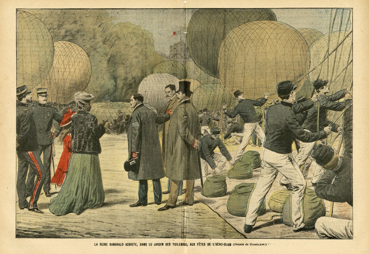 Illustratie van Eugene Damblans (1865-1945) in Le Pelerin, 29/10/05 - Koningin Ranavalo woont, in de Tuilerieën Tuin, het Aero-Club feest bij - Ballonnen luchtschepen zeppelins aerostation, Parijs, Madagaskar, Openbare Tuin, Buitenlandse Vorsten, Tuilerieë door Eugene Damblans