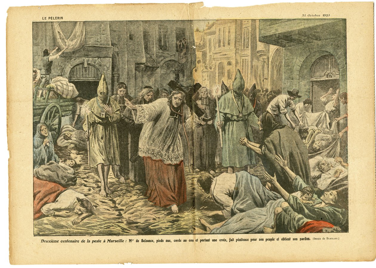 Illustratie van Eugene Damblans (1865-1945) in Le Pelerin, 31/10/20 - Tweede eeuwfeest van de pest in Marseille - Medisch, Religie Geloof, Marseille, Pest, Katholiek Katholicisme - Processie door Eugene Damblans