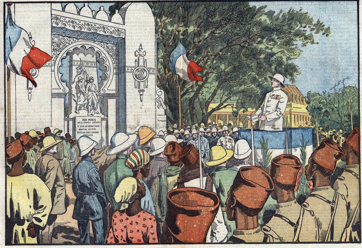 Inhuldiging in Dakar, door Andre Maginot (1877-1932), minister van Koloniën, van het monument voor de dertigduizend doden van Frans West-Afrika. Illustratie van Damblans. In 
