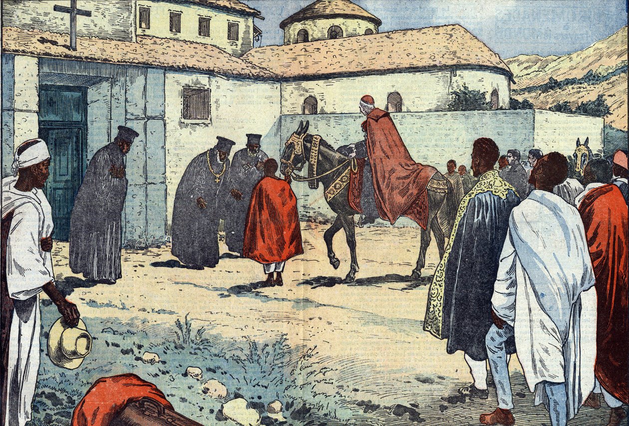 Monseigneur Lepicier van de Orde van de Servieten van Maria, aartsbisschop van Tarsus, werd ontvangen in het Koptische klooster van Debre-Bizen tijdens een apostolisch bezoek aan Abessinië (Ethiopië). Illustratie van Damblans. In 
