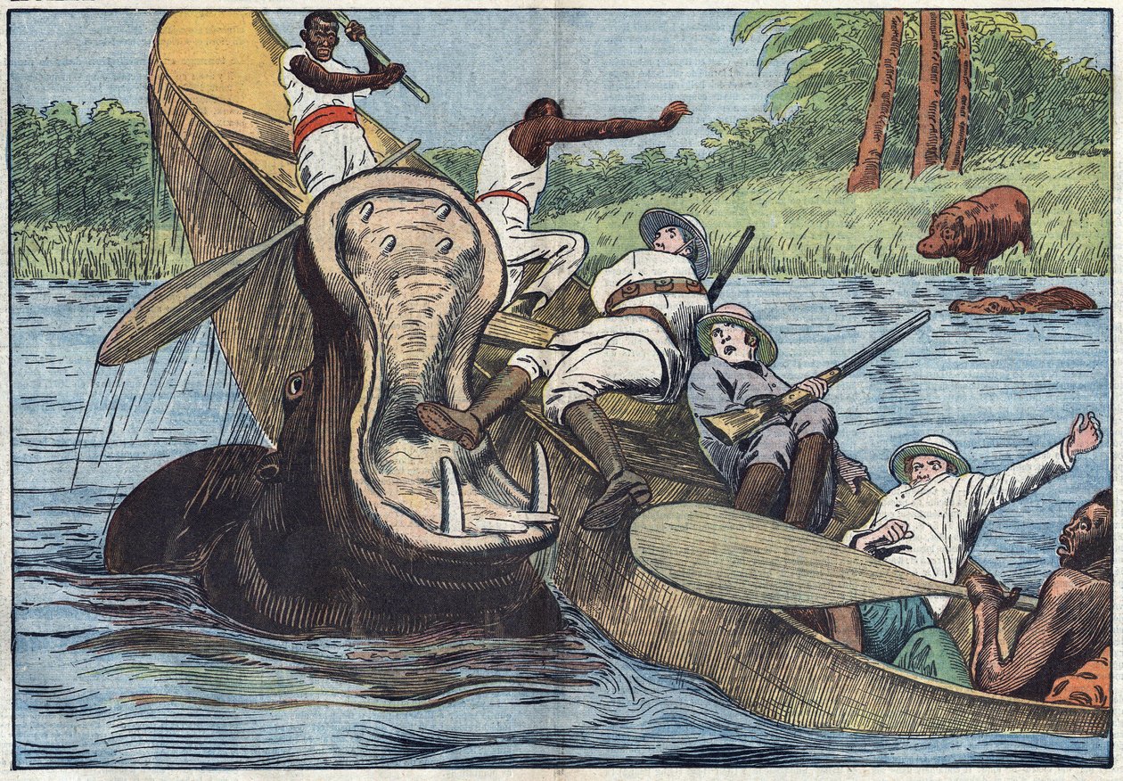 Op het Victoriameer, Afrika, wordt een boot met Anglicaanse missionarissen en inboorlingen gekapseisd door een gewonde nijlpaard. Illustratie van Damblans. In 