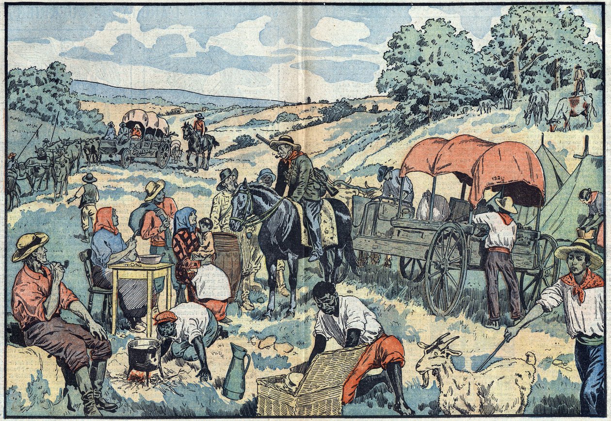 Bevolkingsmigratie in Afrika: 2000 Boeren verlaten de Portugese kolonie Angola per wagen naar de vruchtbaardere gebieden van Zuid-Afrika. Illustratie van Damblans in 