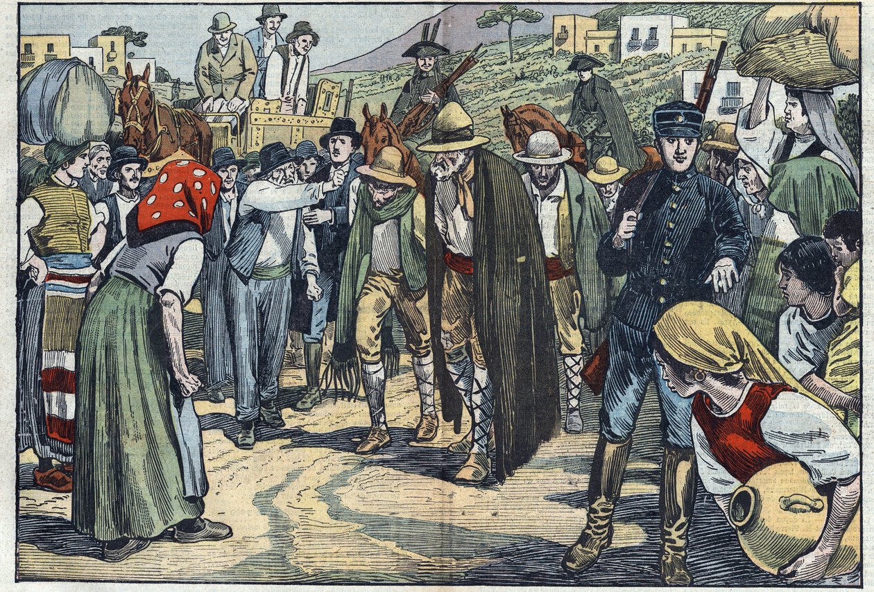 Rovers gearresteerd door de Italiaanse fascistische politie. Sicilië, Italië. Illustratie van Damblans. In 
