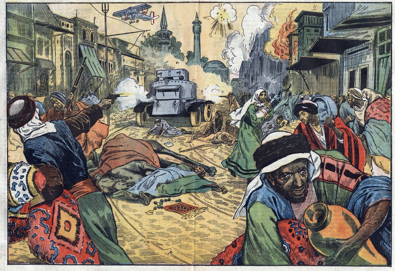De Druzen plunderden de straten van Damascus (Syrië) tijdens de aanval op de stad door vliegtuigen en een zelfmachinegeweer van Franse troepen van generaal Maurice Sarrail (1856-1929). Illustratie van Damblans. In 