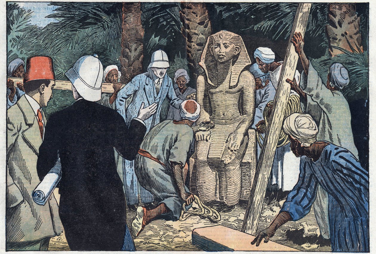 De Franse archeologische missie ontdekt een standbeeld van Sesostris III als tiener dat naar het Louvre zal worden gebracht. Medamoud, oud Thebe, Egypte. Illustratie van Damblans. In 