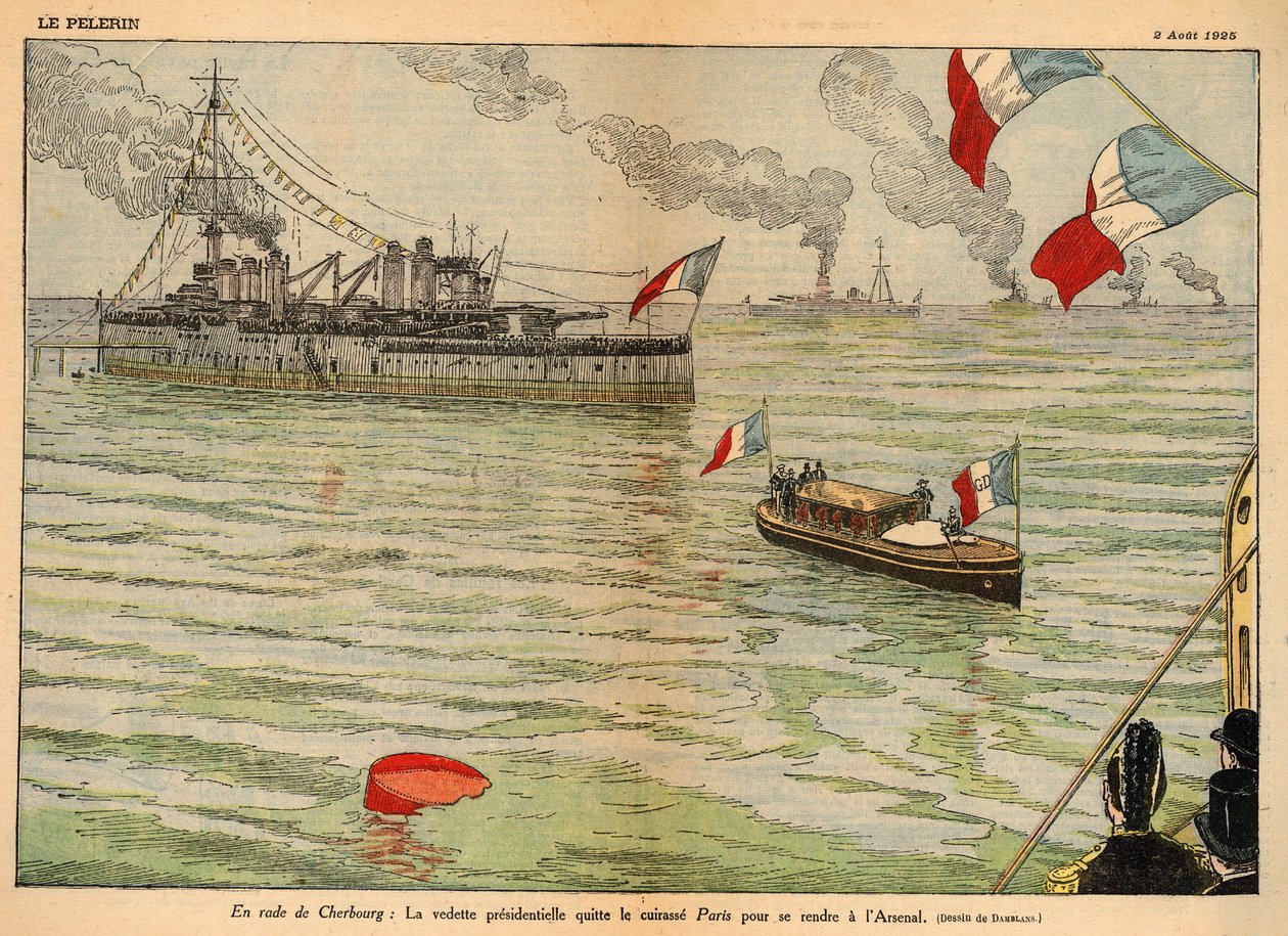 De presidentiële standaard, haven van Cherbourg, dubbele pagina in "Le Pelerin" 2 augustus 1925 door Eugene Damblans