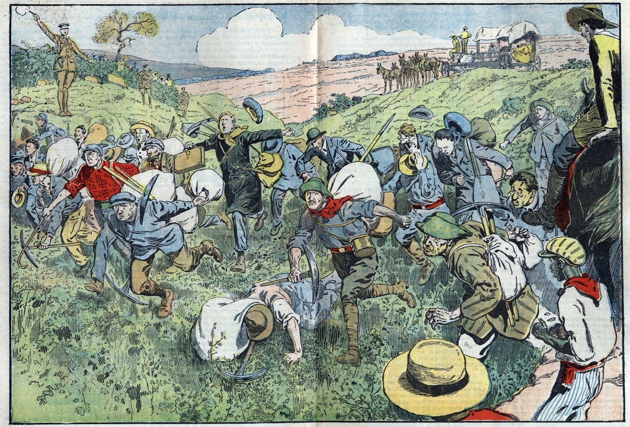 De diamantenrace (Zuid-Afrika): een race georganiseerd om te beslissen wie de diamanten percelen het dichtst bij de afzetting zal bezetten. Illustratie van Damblans in 