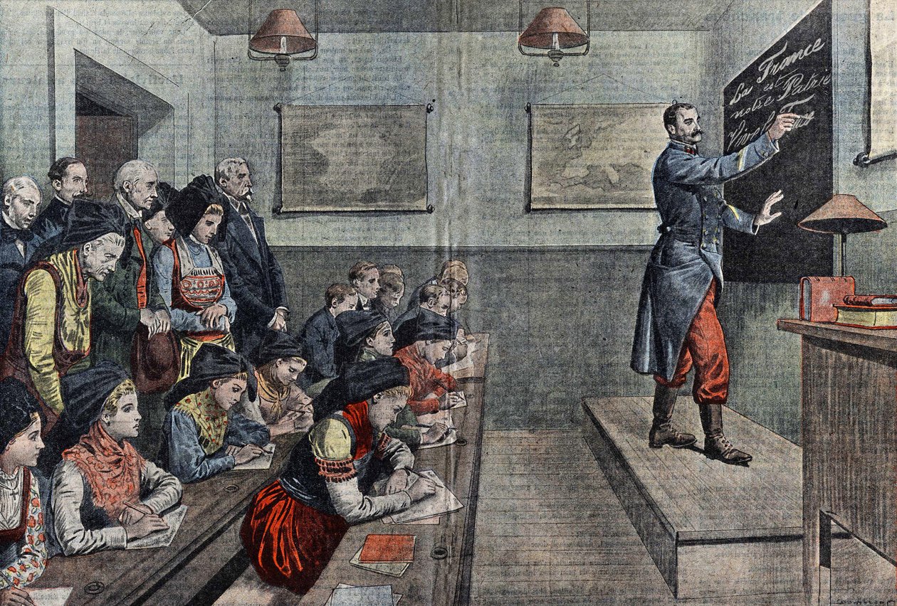 De eerste klas in het Frans in Elzas is heroverd. Illustratie van Damblans. In "Le Pelerin" van 1914. door Eugene Damblans