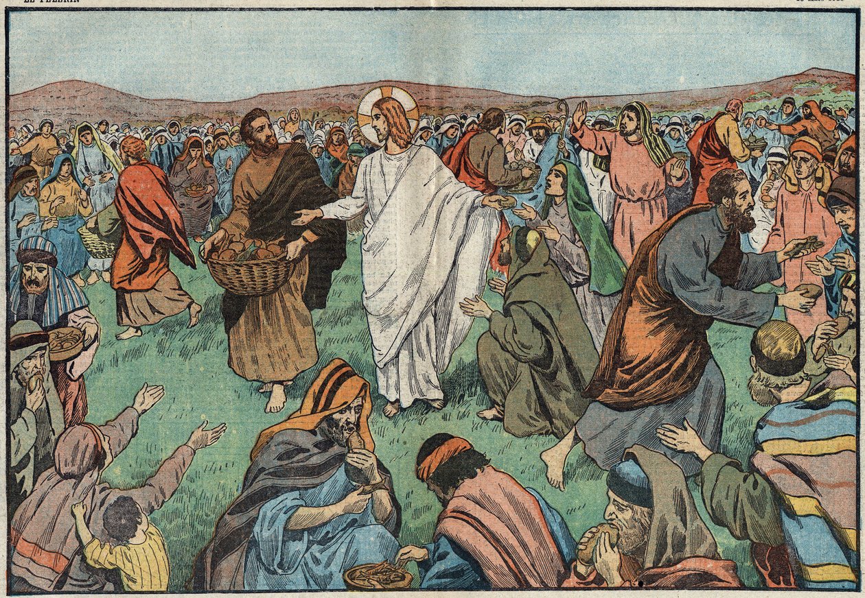 De vermenigvuldiging van broden: aan de oevers van het Meer van Tiberias, Jezus Christus (Jezus Christus) verzadigde de bevolking door vijf gerstebroden en twee vissen te vermenigvuldigen. Illustratie van Damblans. In "Le Pèlerin" van 18 maart door Eugene Damblans