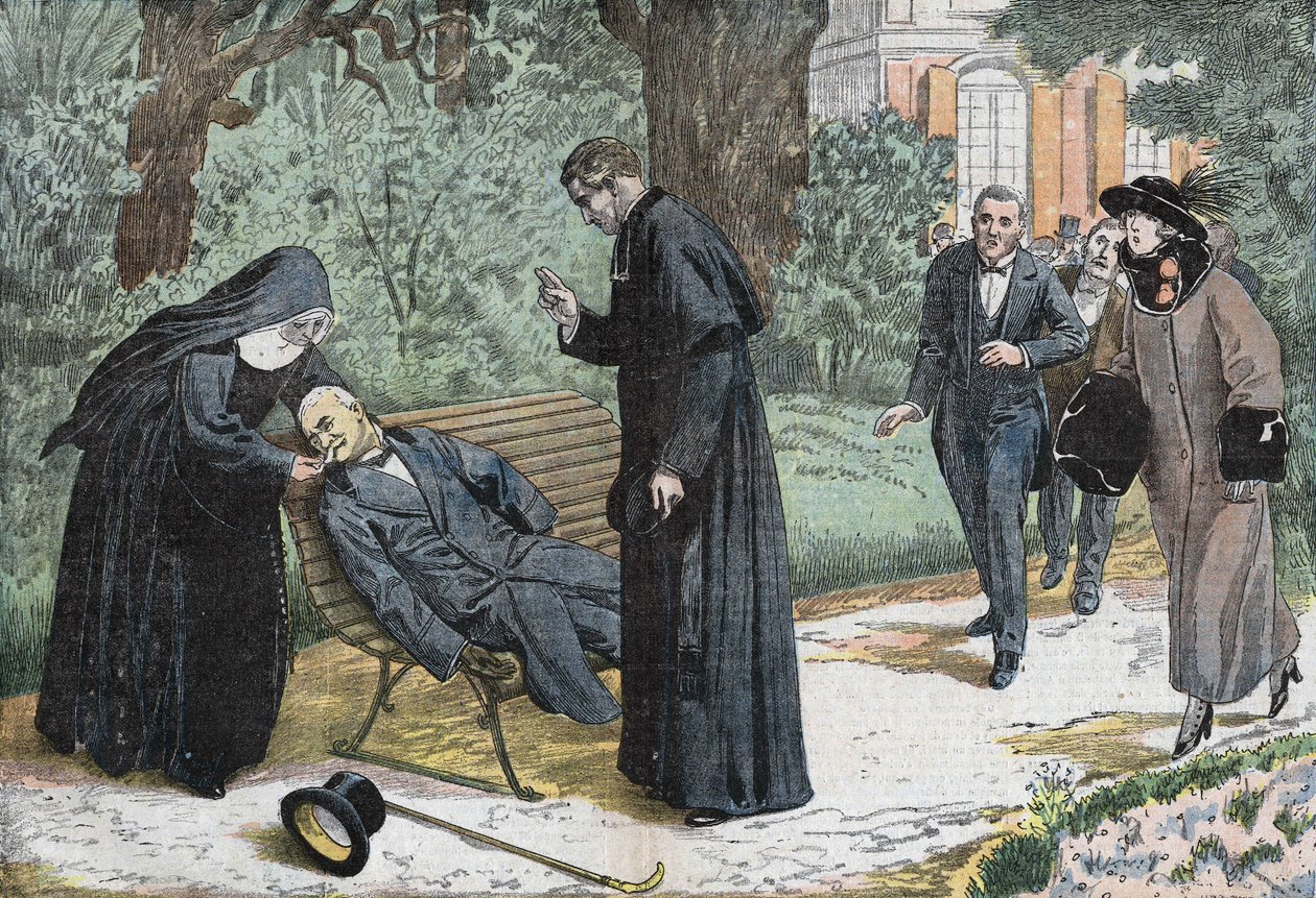 Théophile Delcassé (1852-1923), een Franse politicus stierf aan een embolie in de tuin van het bisschoppelijk paleis in Nice in 1923. Tekening van Damblans. door Eugene Damblans
