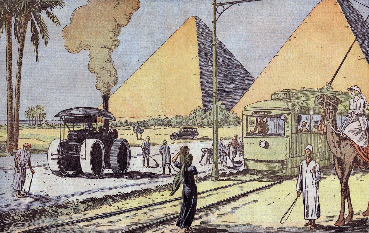 Uitzicht op de piramides van Gizeh in Egypte, illustratie uit "Le Pelerin" door Eugene Damblans
