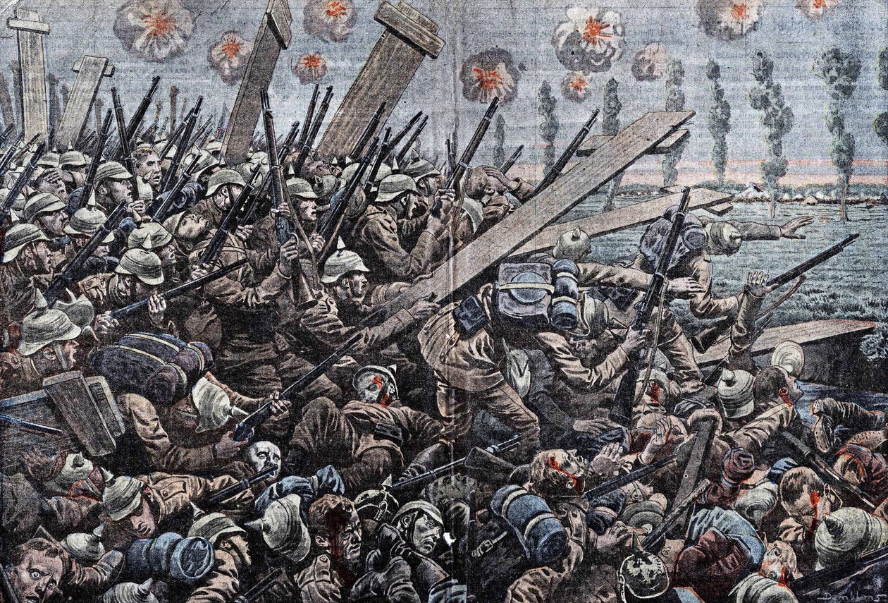 Oorlog 1914-1918. Front van België 1914. Duitse soldaten aan de IJzer. Tekening door Damblans. door Eugene Damblans
