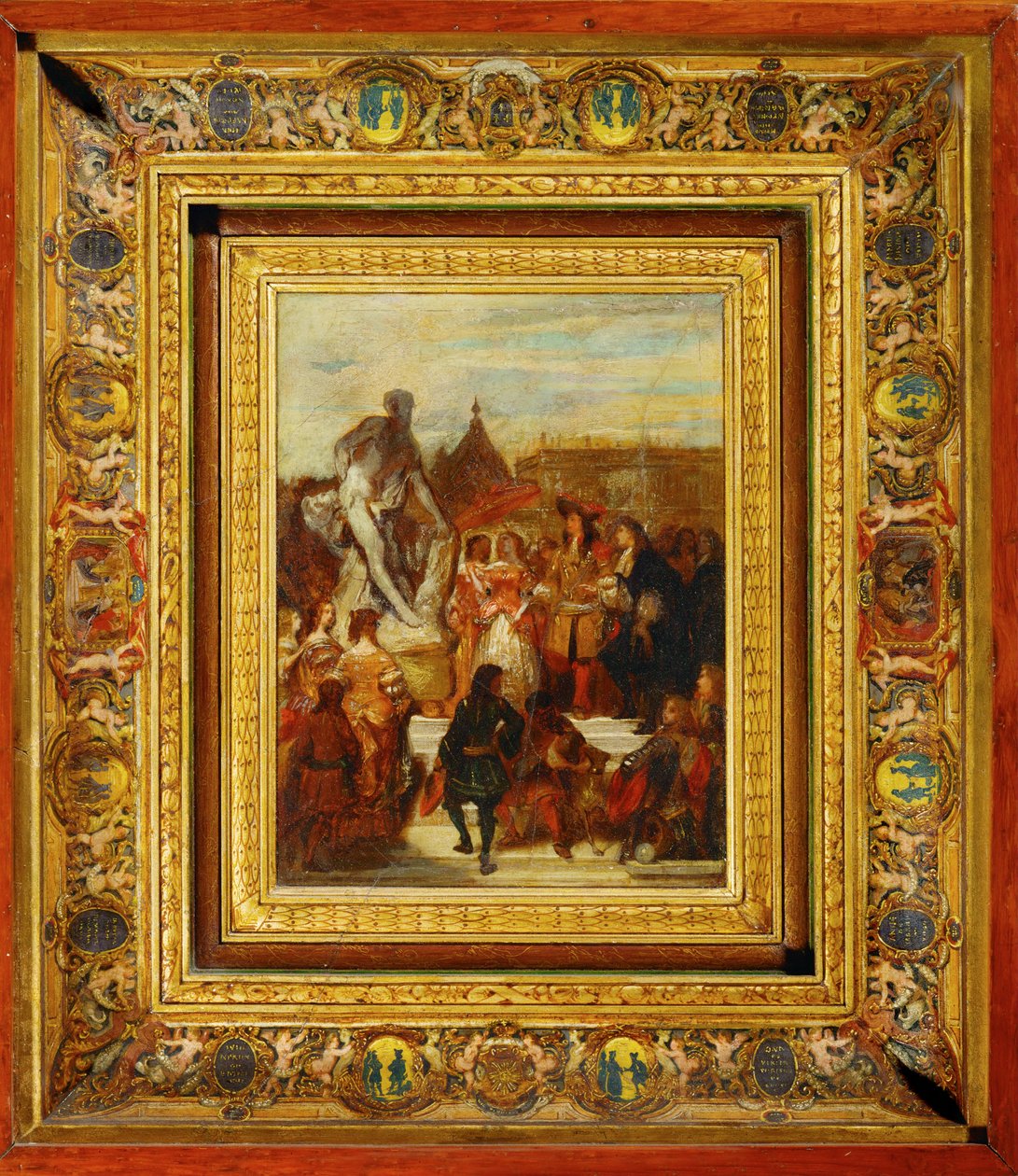 In de tuinen van Versailles presenteert Puget zijn standbeeld van Milon van Croton aan koning Lodewijk XIV ... door Eugene Deveria