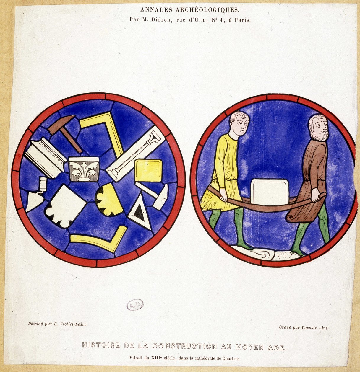 Geschiedenis van de bouw in de Middeleeuwen: Facsimile van 13e-eeuwse glas-in-loodramen, in de Kathedraal van Chartres - Getekend door Eugene Viollet-le-Duc (Viollet le Duc) (1814-1879) en met verschillende maçonnieke symbolen door Eugene Emmanuel (after) Viollet le Duc