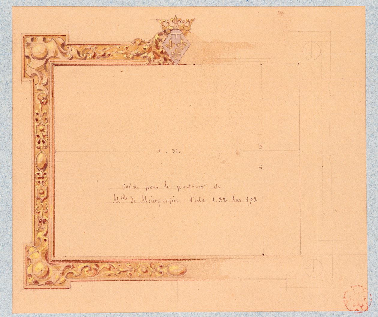 Ontwerp van de kroonlijst voor het portret van Mademoiselle de Montpensier, door Eugène Emmanuel Viollet-Le-Duc (1814-1879), aquareltekening door Eugene Emmanuel Viollet le Duc