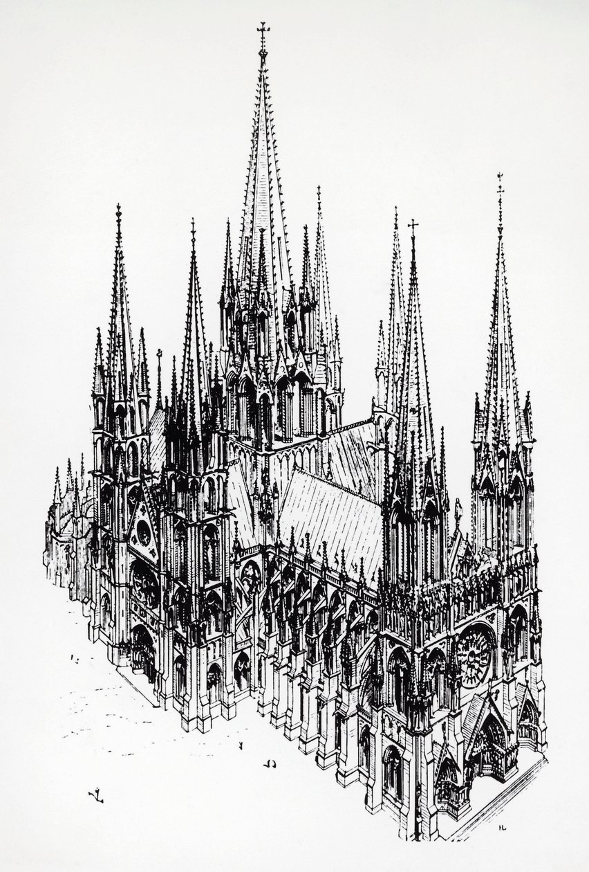 Isometrisch uitzicht van ideale kathedraal, tekening door Eugene Emmanuel Viollet-le-Duc (1814-1879) uit Woordenboek van Franse Architectuur van de 11e tot de 16e Eeuw door Eugene Emmanuel Viollet le Duc