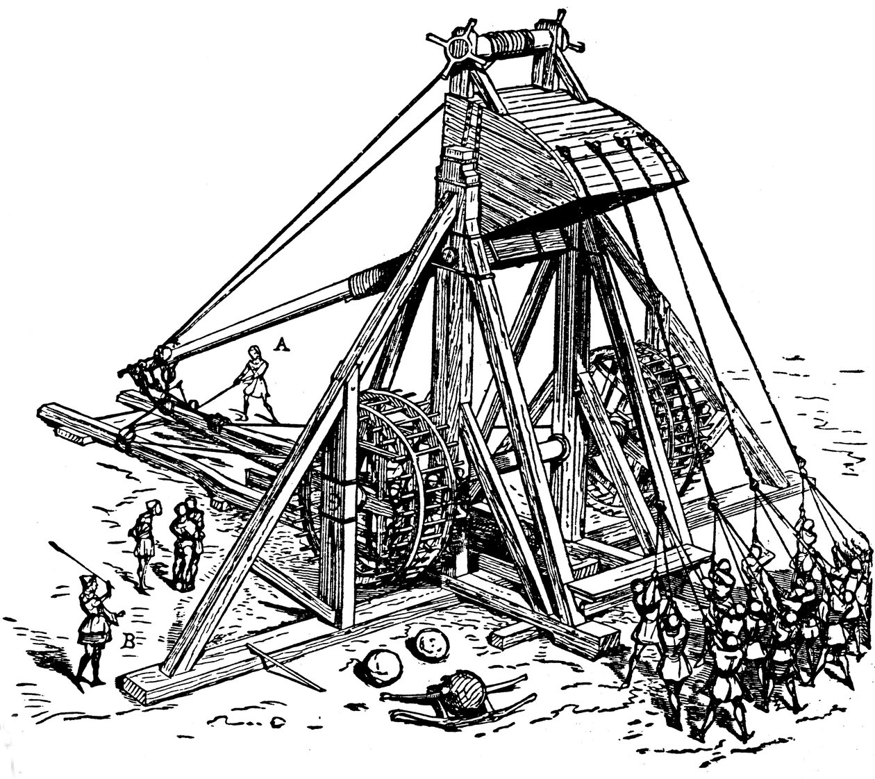 Reconstructie van een enorme katapult, genaamd mangonneau door Eugene Emmanuel Viollet le Duc