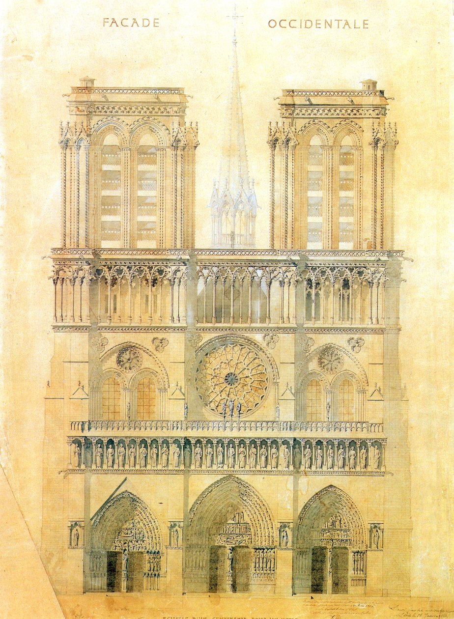 Project voor restauratie van de westgevel van de Notre Dame kathedraal in Parijs met reconstructie van de spits bij de kruising, 1843 door Eugene Emmanuel Viollet le Duc