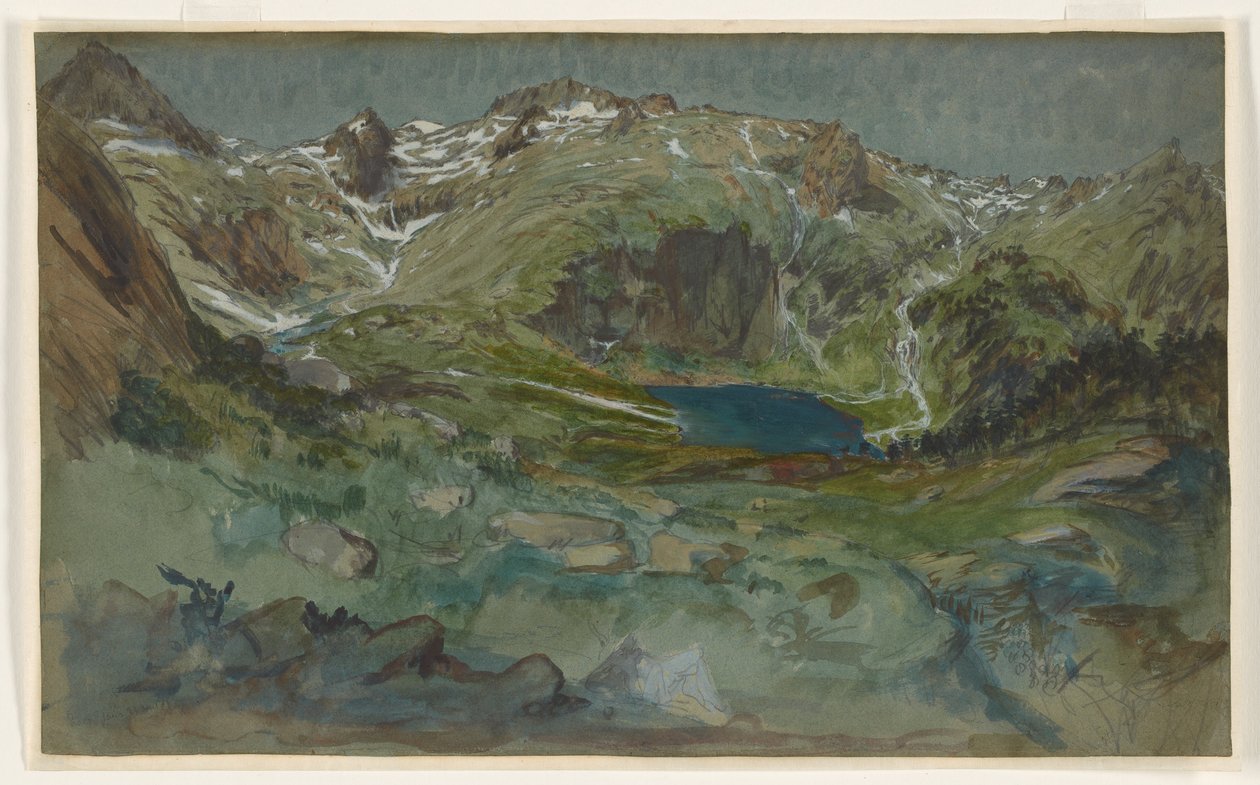 Uitzicht op het Lac d’Espingo en de Cirque d’Espingo in de Pyreneeën door Eugene Emmanuel Viollet le Duc