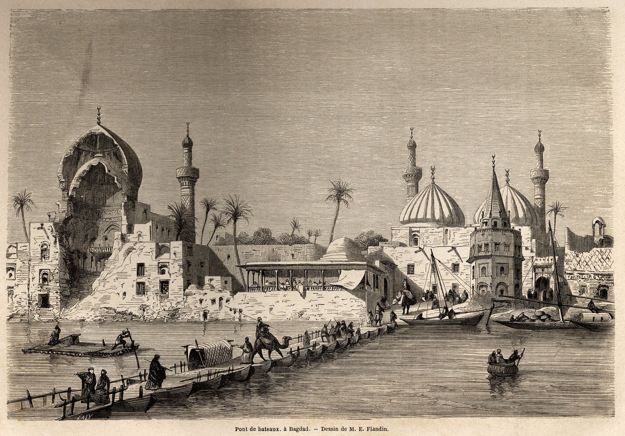 Een bootbrug, in Bagdad, tekening door Eugene Flandin (1809-1876), ter illustratie van zijn reis naar Mesopotamië in 1840-1842. Gravure in "Le tour du monde" 1861. Selva
