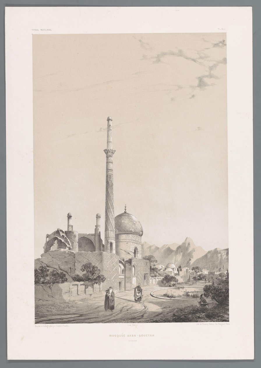 Baba Sukhte moskee met de Bagh-e-Ghoushkhane minaret in Isfahan door Eugene Flandin
