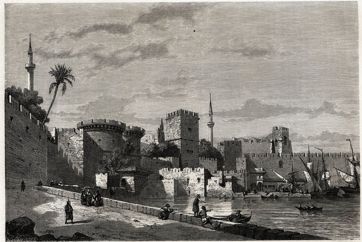 Het uitzicht op de haven van Rhodos en de poort van Aubusson, tekening door Eugene Flandin, ter illustratie van zijn reis naar het eiland Rhodos in 1844. Gravure in 