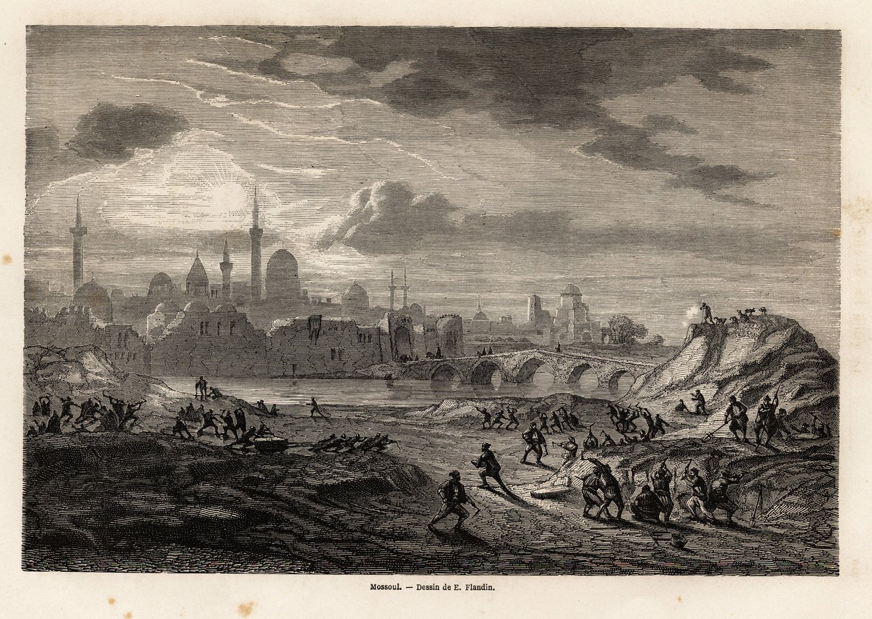Uitzicht op Mosul (Irak), aan de oevers van de Tigris-rivier, tekening door Eugene Flandin, ter illustratie van de expeditie naar Nineveh, van 1844 tot 1860, van Vivian de Saint Martin. Gravure in "Le tour du monde", uitgegeven door Edouard Charton door Eugene Flandin