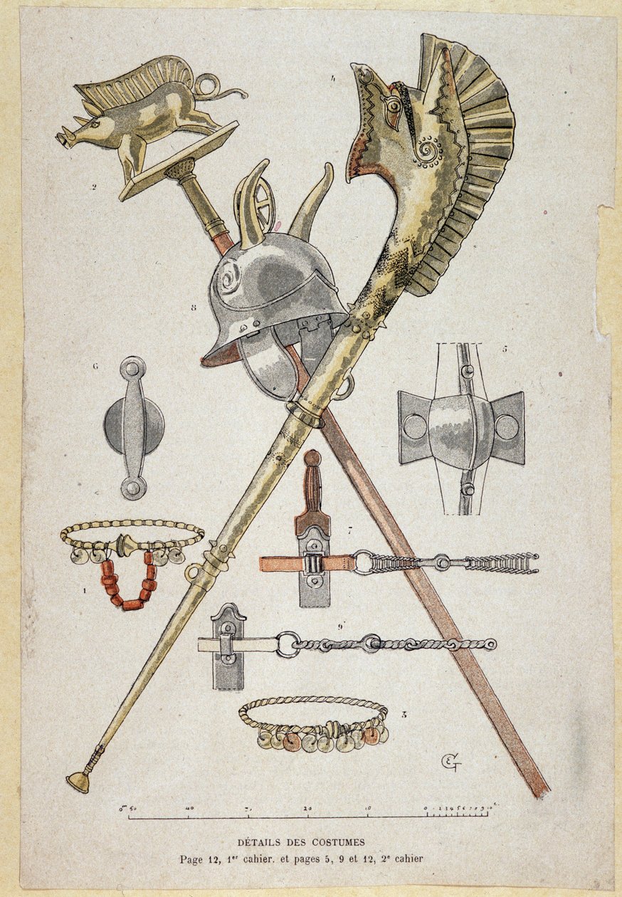 Accessoires van de Gallische krijger: banier die een saglier siert, de helm en de oorlogshoorn (carnyx) - in 