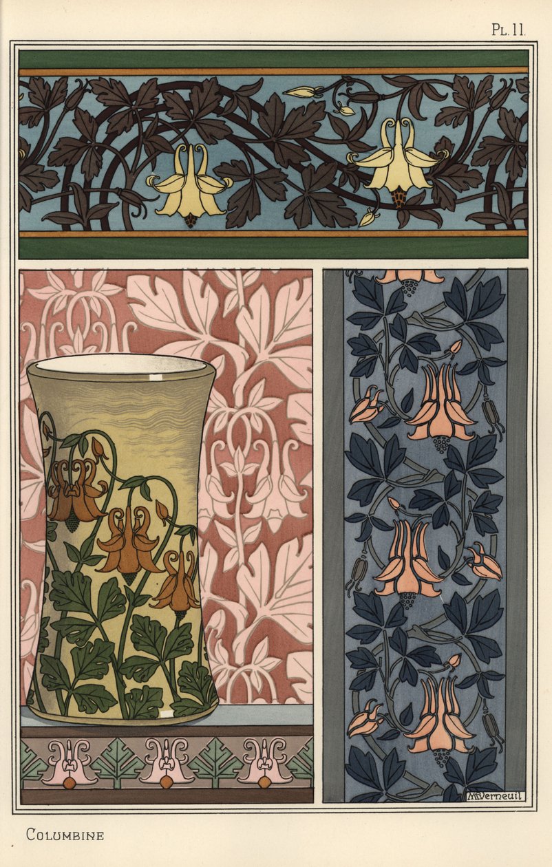 Akelei bloem, Aquilegia vulgaris, in patronen voor behang, stof en vaas door Eugene Grasset