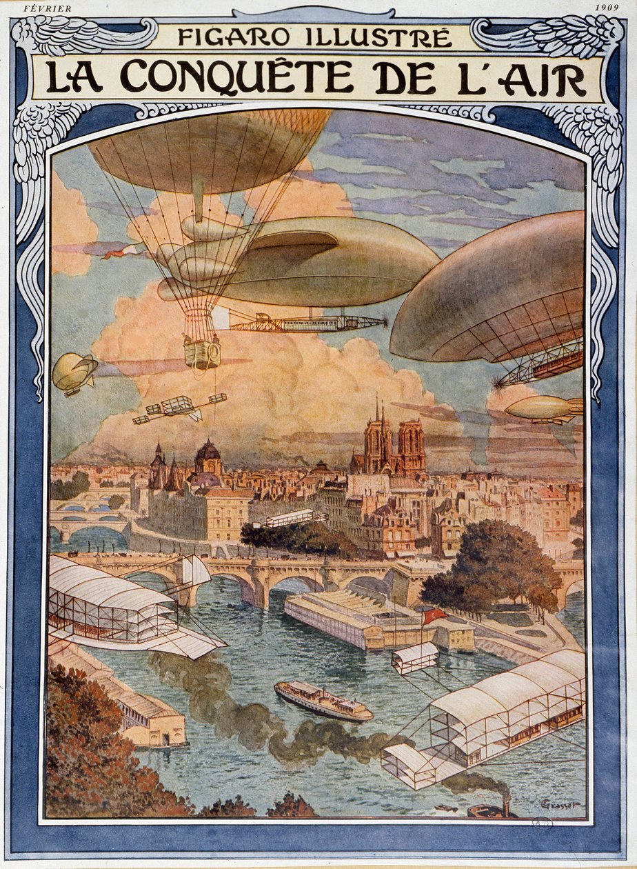 De verovering van de lucht: luchtschip, ballon en ballon boven Parijs door Eugene Grasset