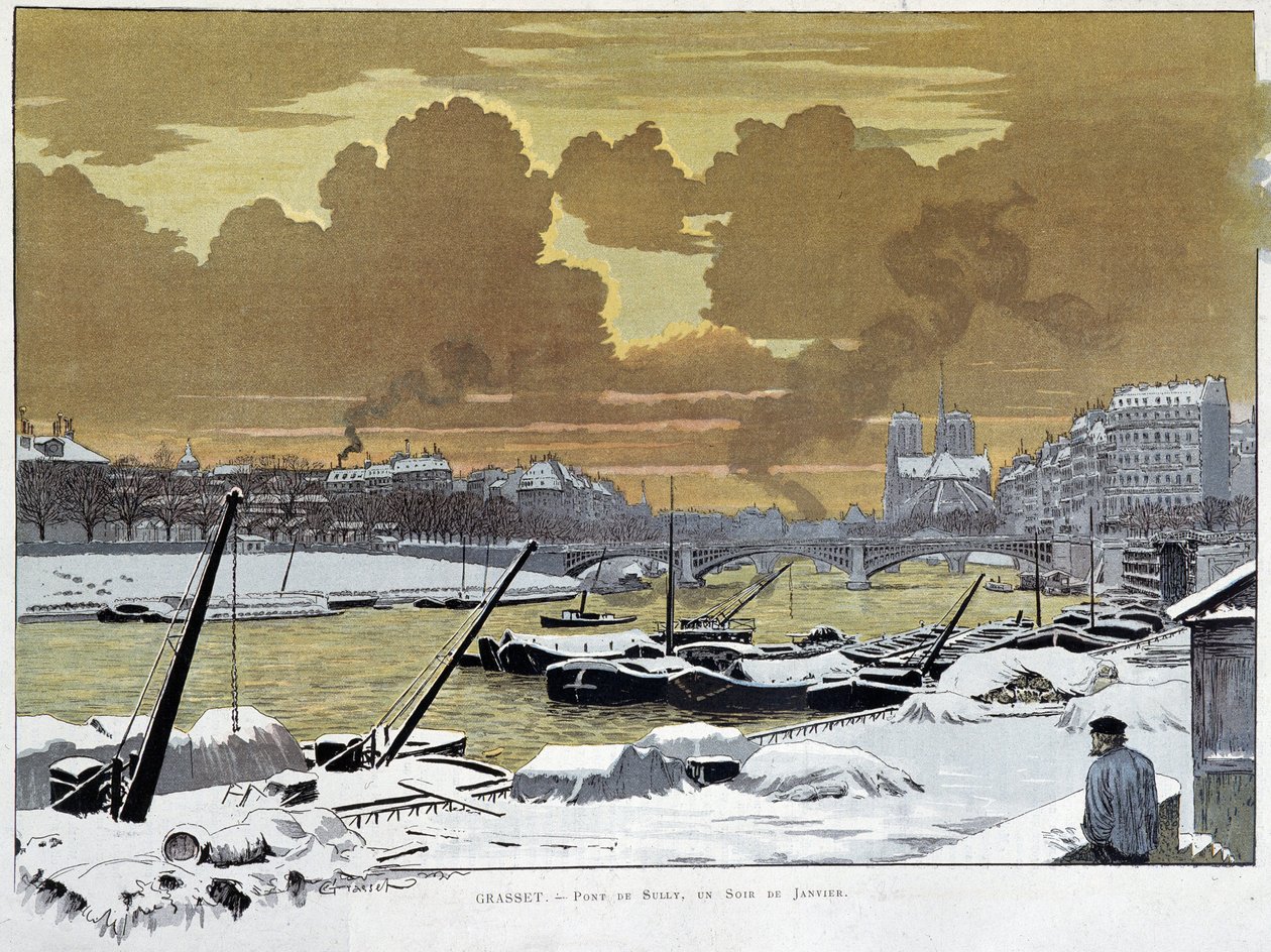 Le pont de Sully, in Parijs bedekt met sneeuw, een avond in januari 1886 - door Grasset door Eugene Grasset