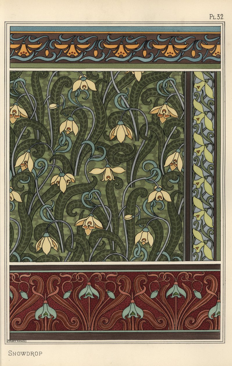 Sneeuwklokje, Galanthus nivalis, als ontwerp motief in behang, randen en stoffen door Eugene Grasset